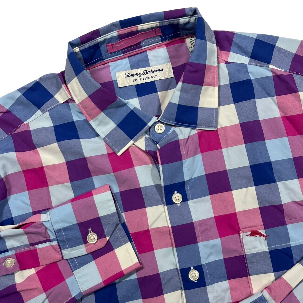 Tommy Bahama Siesta Key‎ Shirt Mens M Pink Blue Plaid Nylon Stretch ST325443